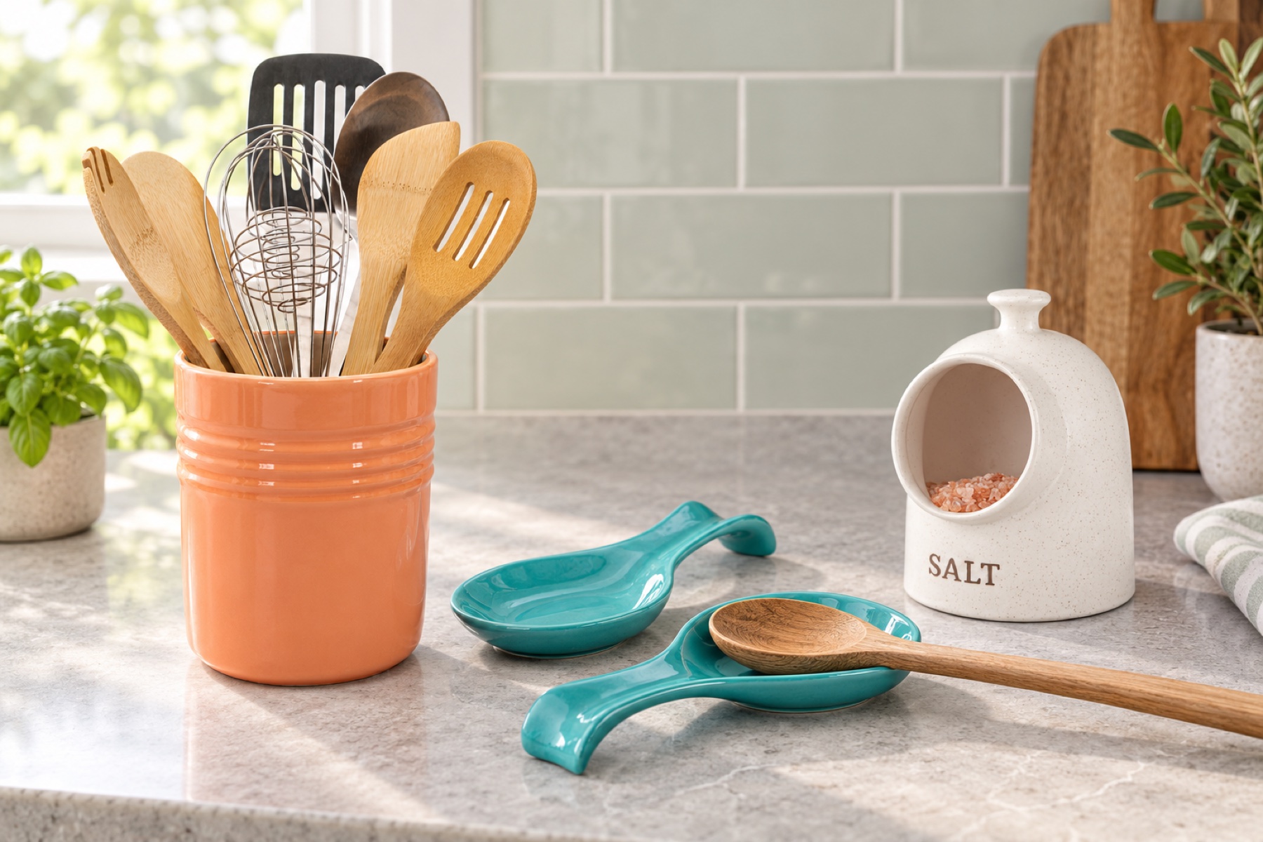 Coral utensil crock, two aqua spoon rests and a speckled ceramic salt pig on a kitchen counter; utensils and salt shown are not included.