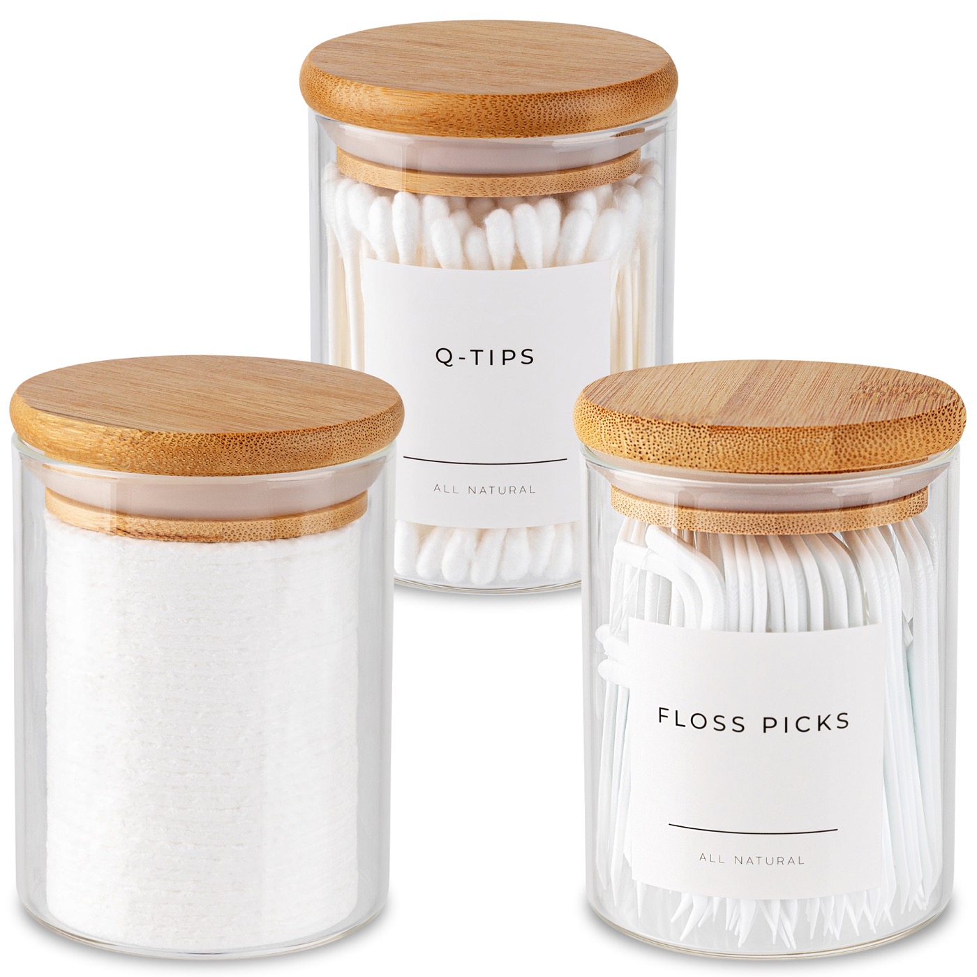 Mini Glass Apothecary Jars with Bamboo Lids, Set of 3, 10 oz product view