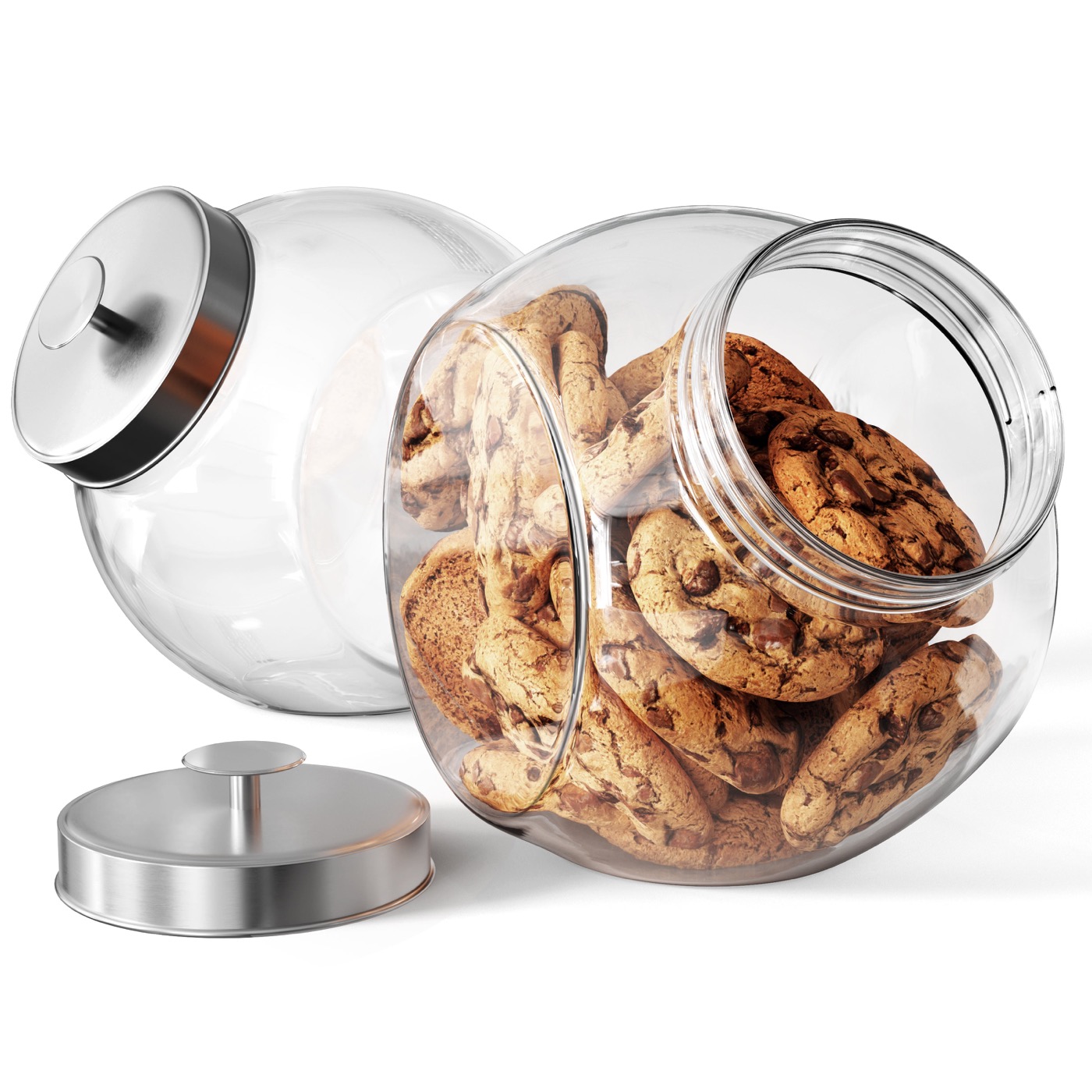 Two tilted glass penny jars with metal lids, cookies shown are not included