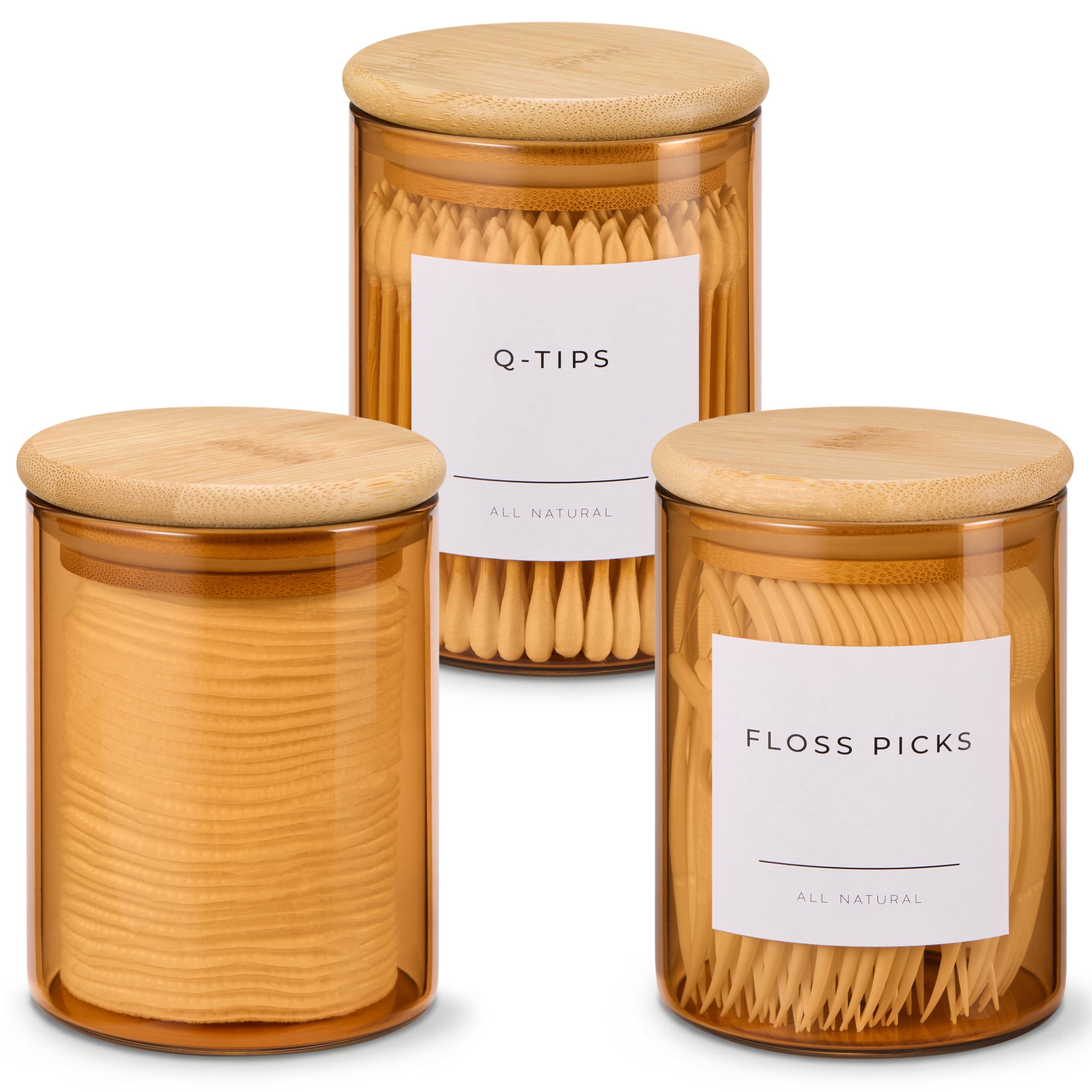Mini Glass Apothecary Jars with Bamboo Lids, Set of 3, 10 oz Amber